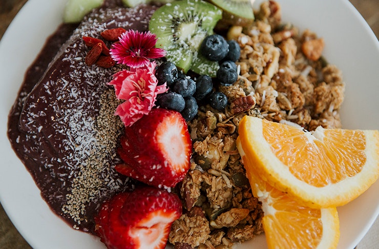 A close-up of an acai bowl from Greenhouse Cafe on the Sunshine Coast.